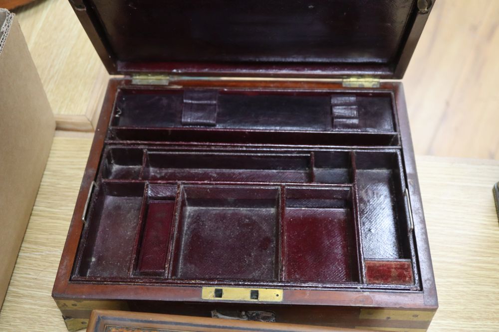 A mahogany military style inlaid writing box, 30 x 25 x 8cm, and two other boxes